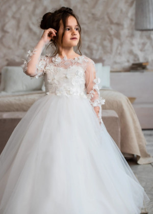 Long Sleeves Ivory 3D Lace Tulle Flower Girl Dress With Detachable Train